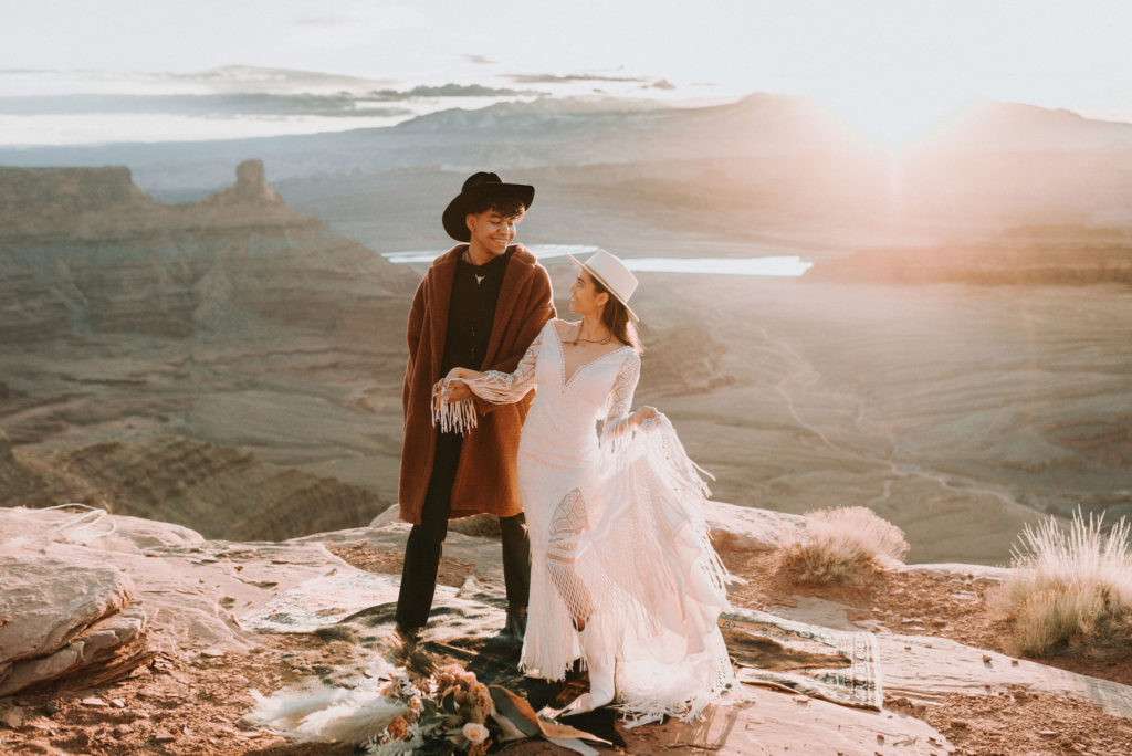 bride and groom at Moab desert wedding