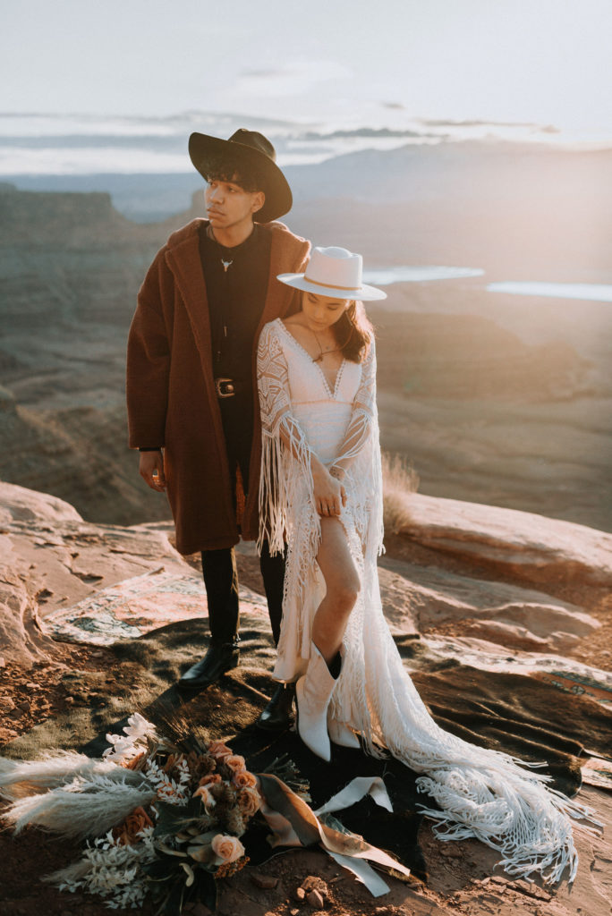 bride and groom at Moab desert wedding